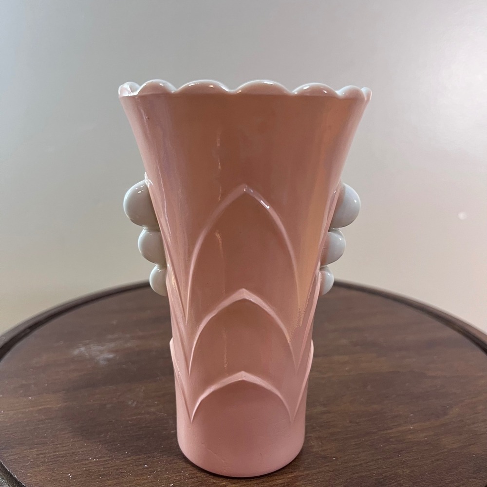 Vtg Anchor Hocking Vitrock Art Deco Pink Ceramic Scalloped Bud Vase Accents 5.5"